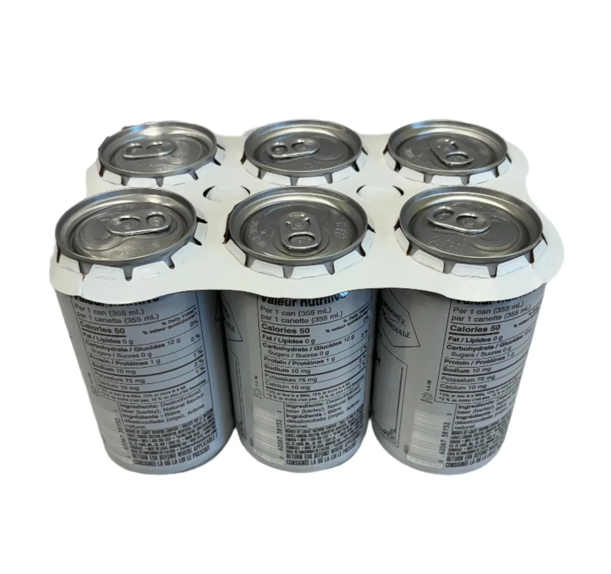 White cardboard six-pack carrier fitted to beverage cans